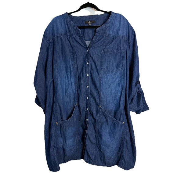 Ellos Women's Blue Chambray Top Pearl Snap Pockets Roll Tab Sleeves Button Up 3X - Picture 1 of 8